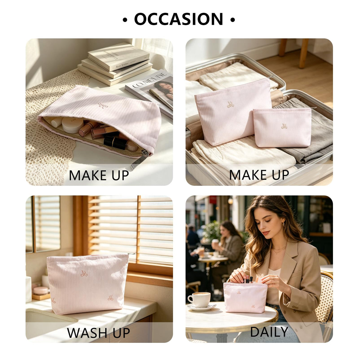 Wudygirl 2 Pcs Travel Makeup Bag Pink Striped Bow