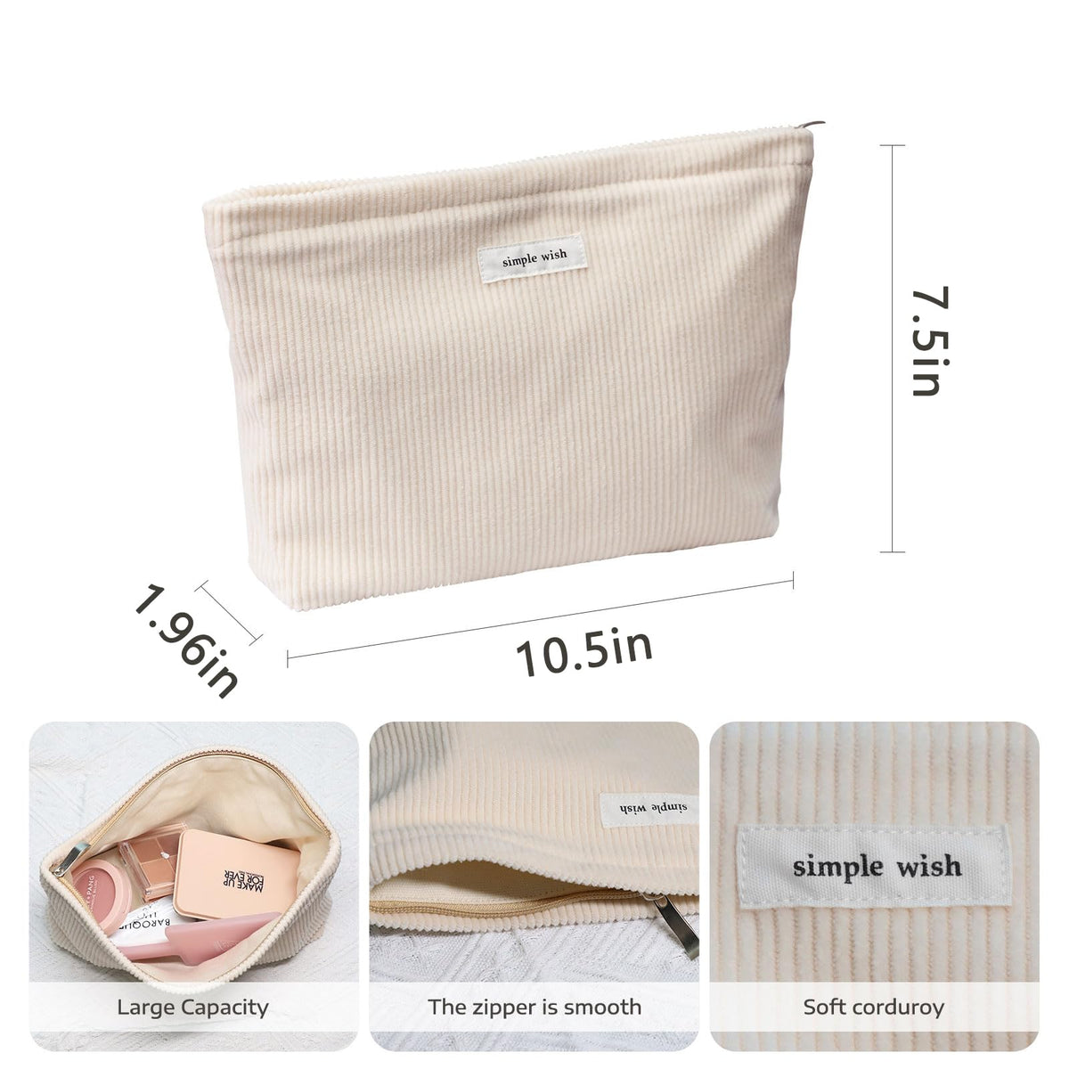 Wudygirl Makeup Bag for Women Travel Cosmetic Bag 10.5"x7.5" Beige