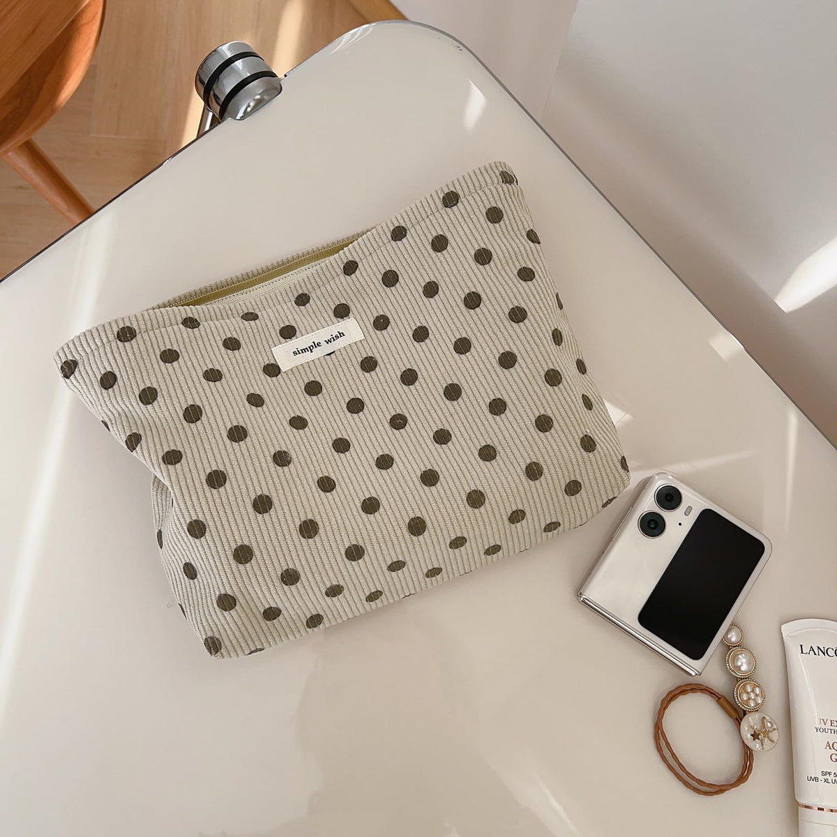 Wudygirl Makeup Bag for Women Travel Cosmetic Bag 10.5"x7.5" Beige Dot
