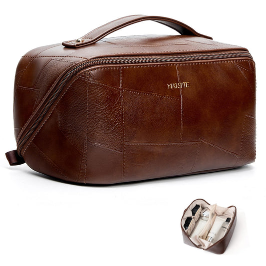 Yikisite Makeup Bag, Travel Cosmetic Bags toiletry bag for Women, Waterproof PU Leather Make Up Pouch Organizer Travel Essentials Organizer with Divider (Brown)