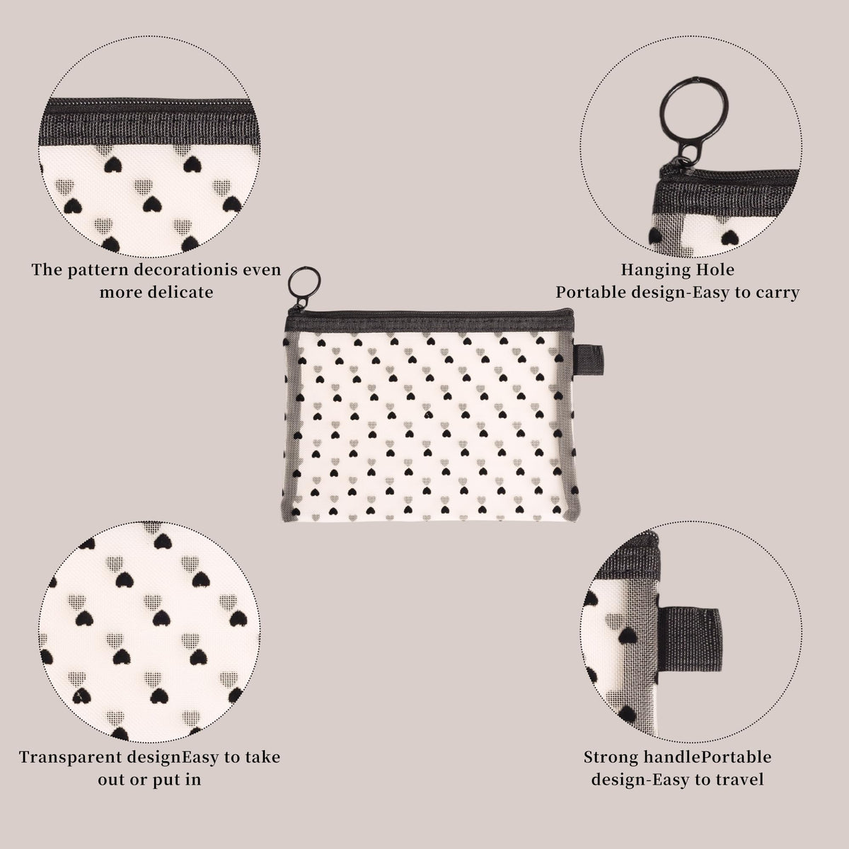 Ymcafmo 6-Piece Heart Printed Mesh Makeup Bag Set – Small Pouches for Purse, Mesh Pouch, Pouches for Inside Purse, Pouch for Bags with Zipper（Beige）