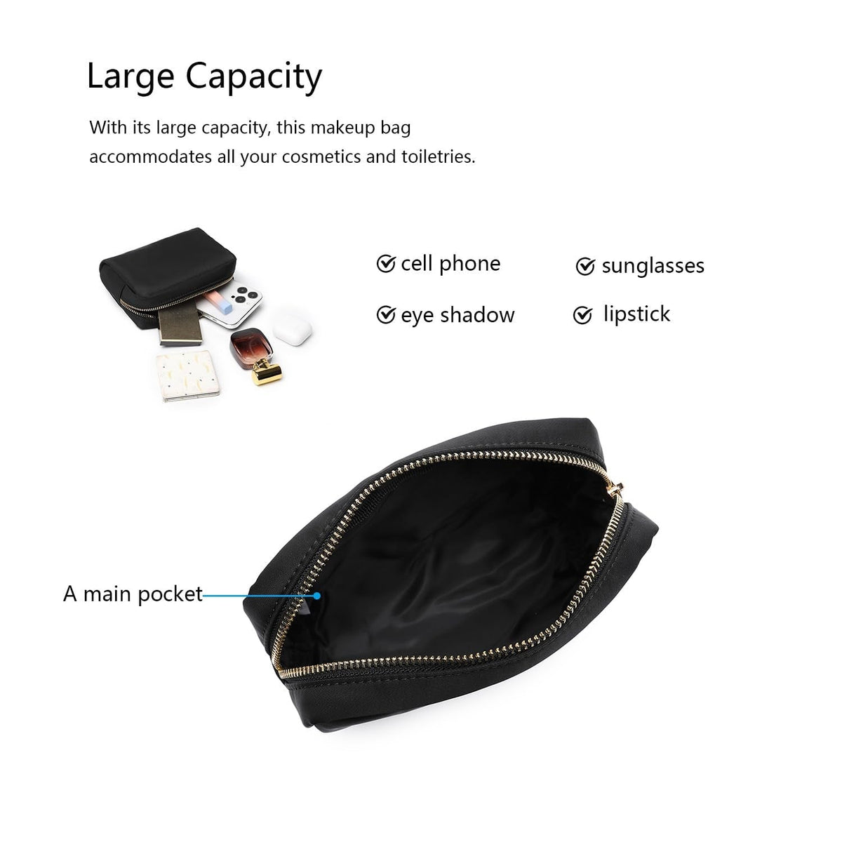 YONBEN Waterproof Makeup Bag Large Capacity Women's Classic Black Wash Bag Adjustable Partition Wash Bag Brush and Cosmetic Carrying Bag…