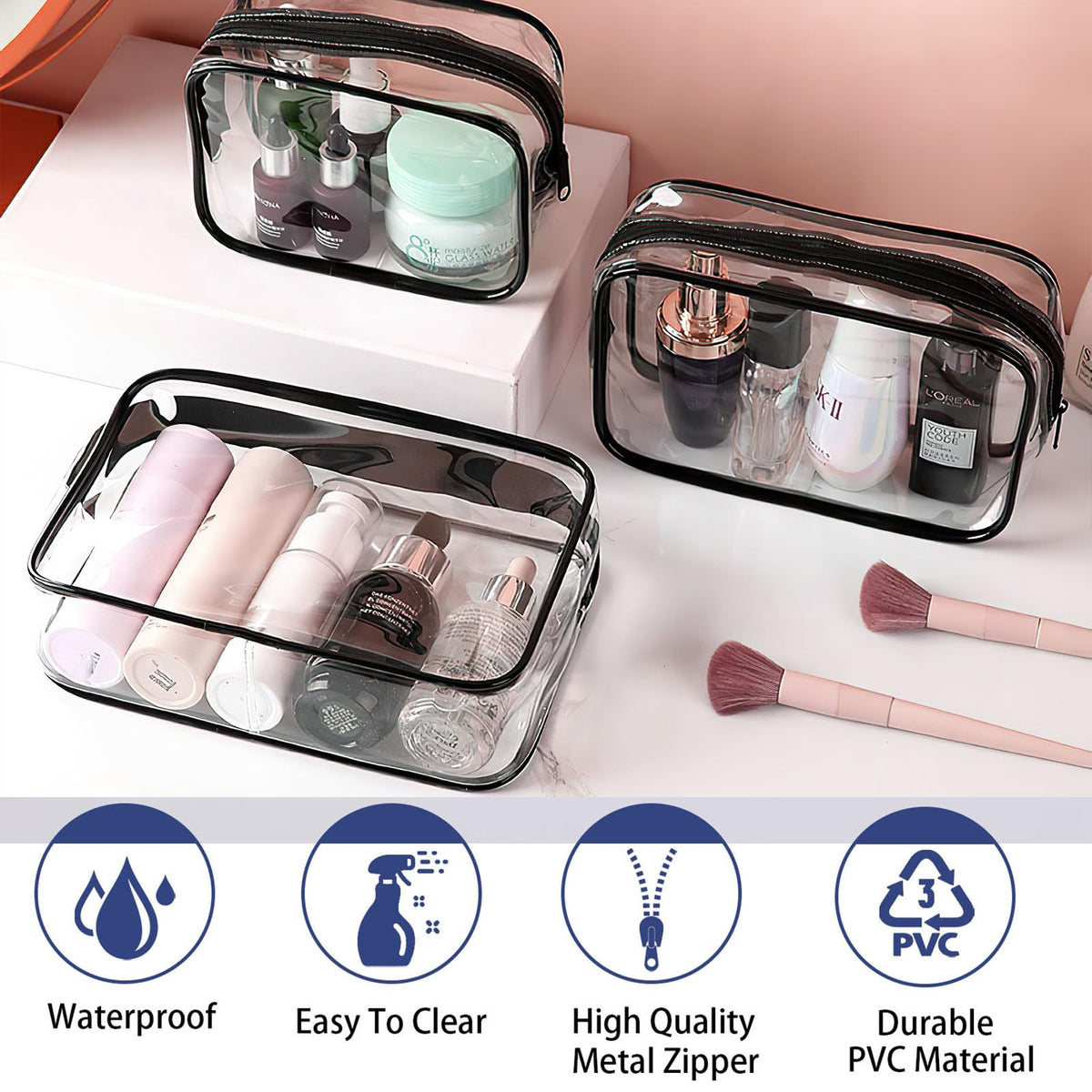 YOQIVEXU 6 Pieces Clear Cosmetics Bag Bulk, TSA Approved Toiletry Bag for Travel, Zippered Clear Pouch Cosmetic Makeup Bag Waterproof Vinyl Plastic Organizer Case for Vacation Bathroom (Large)