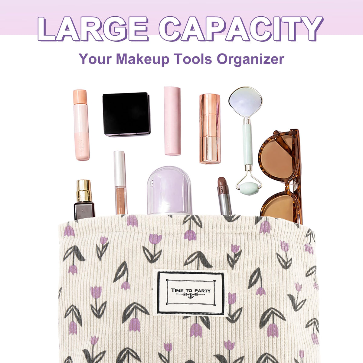 YURUGEAR Corduroy Cute Cosmetic Makeup Bag for Women Purple Floral