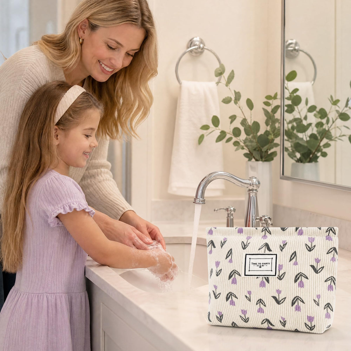 YURUGEAR Corduroy Cute Cosmetic Makeup Bag for Women Purple Floral