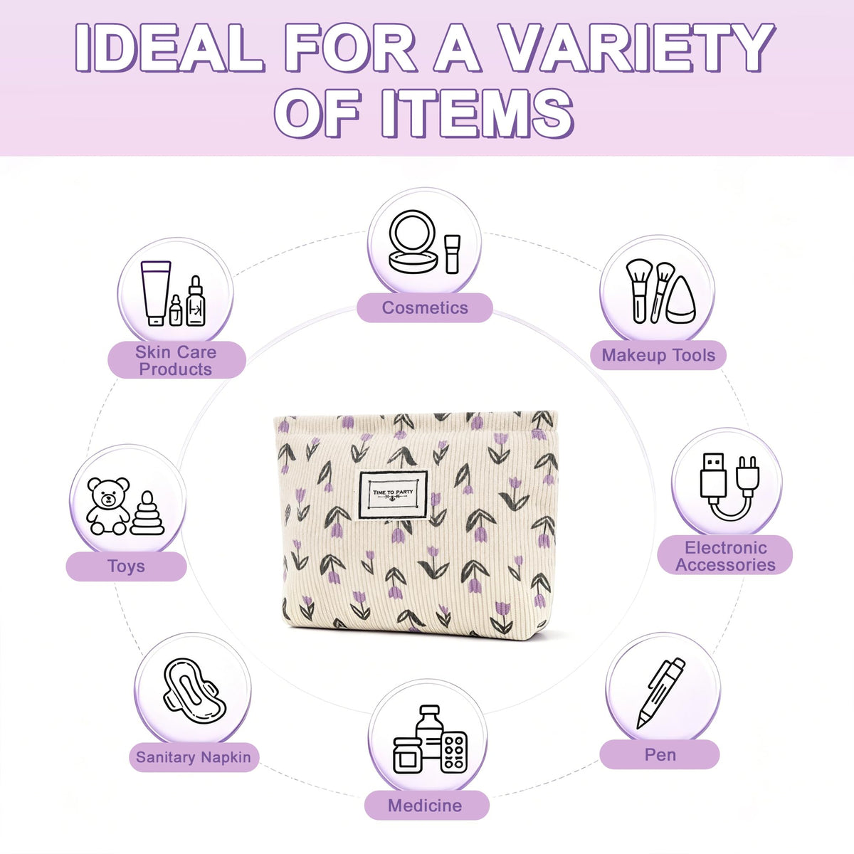 YURUGEAR Corduroy Cute Cosmetic Makeup Bag for Women Purple Floral
