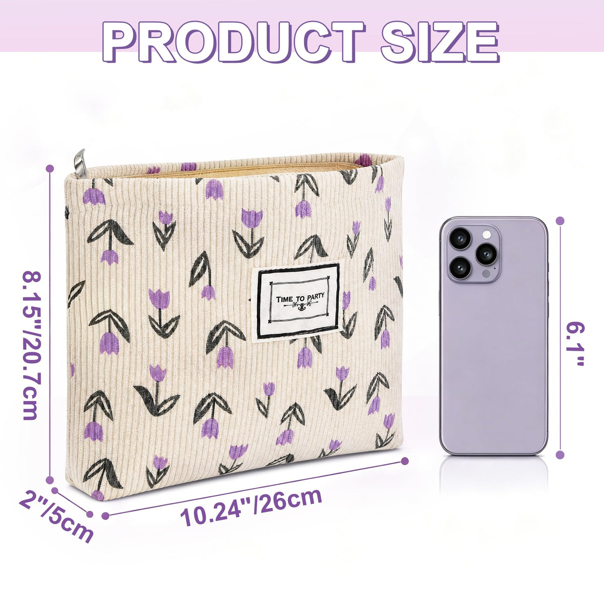 YURUGEAR Corduroy Cute Cosmetic Makeup Bag for Women Purple Floral