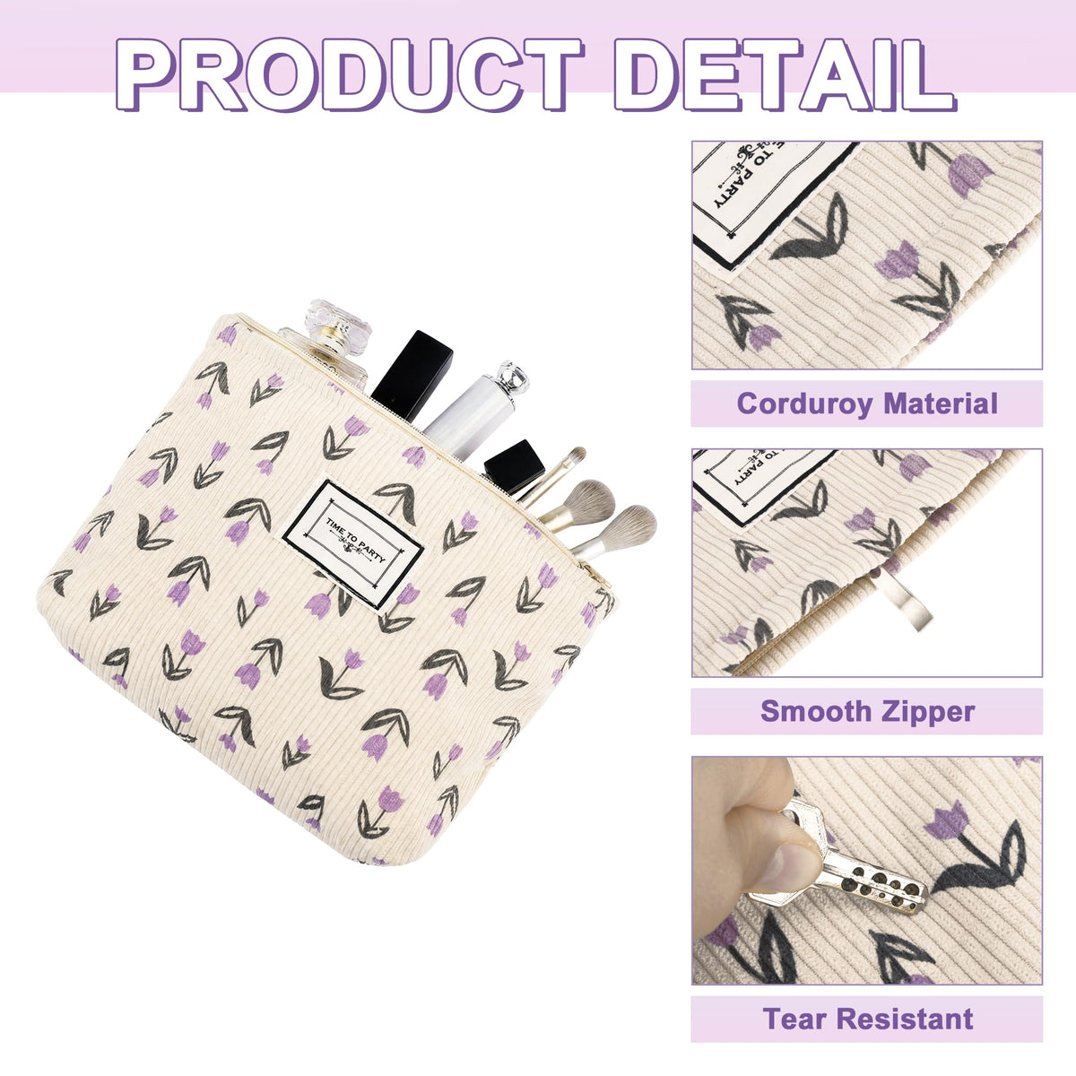 YURUGEAR Corduroy Cute Cosmetic Makeup Bag for Women Purple Floral