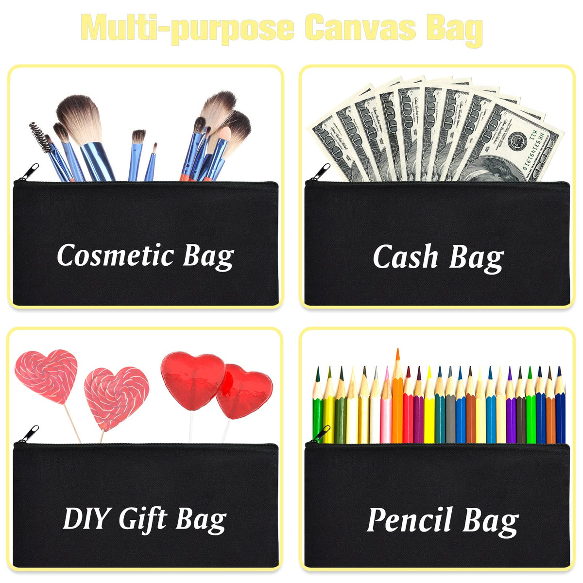 ZeeDix 8 Pack Small Canvas Zipper Pouch for Makeup Pencil Travel 8.3x5 In