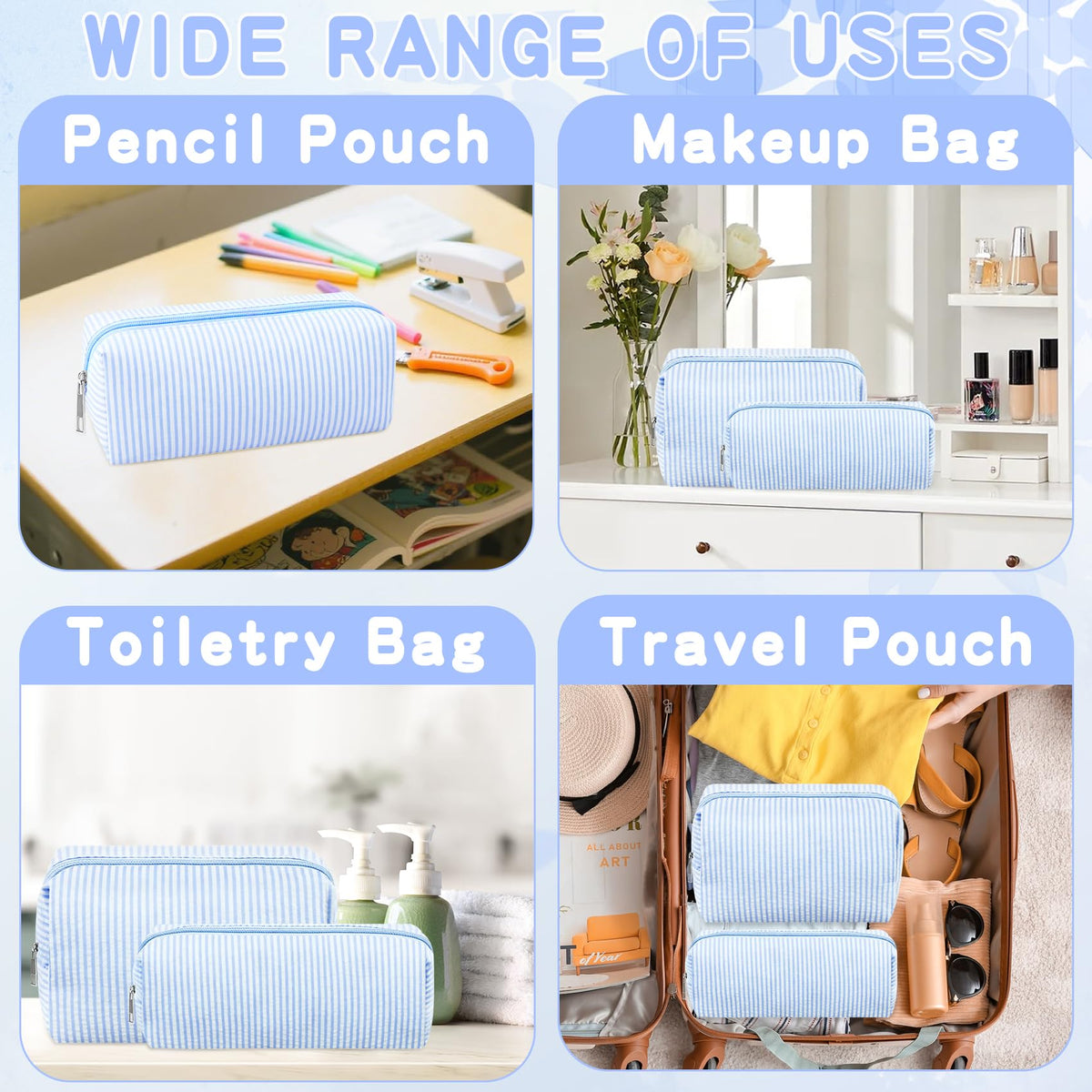 ZLFSRQ 2Pcs Striped Makeup Bag for Women Cozy Travel Cosmetic Bag Cute Aesthetic Blue Stripe Makeup Pouch for Purse Small Portable Pencil Pouch Preppy Pencil Case Zipper Skincare Storage Organizer