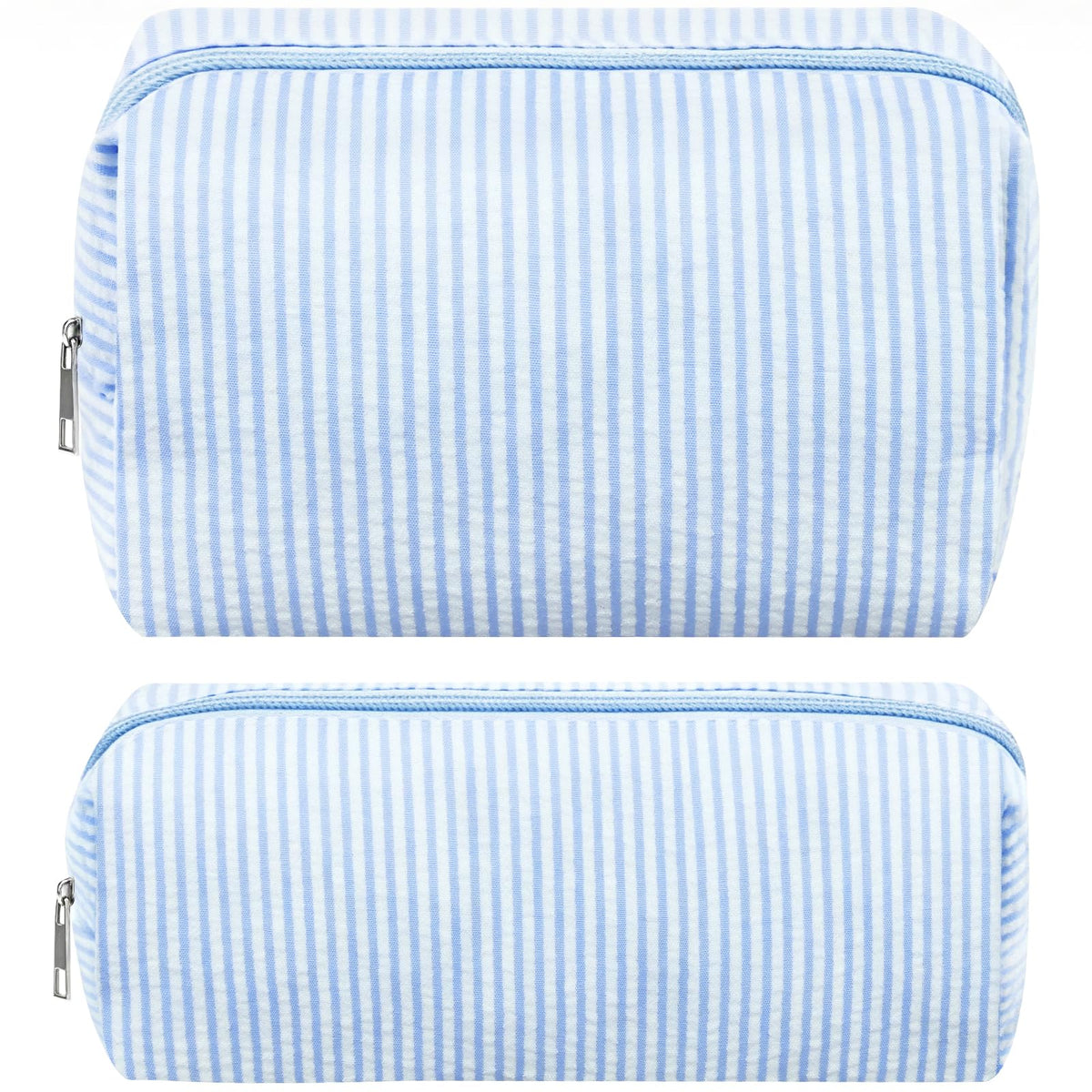 ZLFSRQ 2Pcs Striped Makeup Bag for Women Cozy Travel Cosmetic Bag Cute Aesthetic Blue Stripe Makeup Pouch for Purse Small Portable Pencil Pouch Preppy Pencil Case Zipper Skincare Storage Organizer