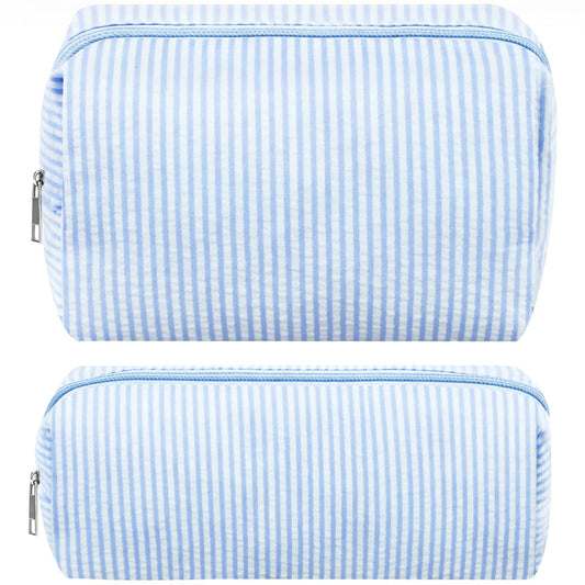 ZLFSRQ 2Pcs Striped Makeup Bag for Women Cozy Travel Cosmetic Bag Cute Aesthetic Blue Stripe Makeup Pouch for Purse Small Portable Pencil Pouch Preppy Pencil Case Zipper Skincare Storage Organizer