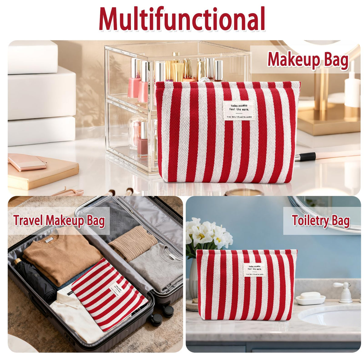 ZLFSRQ Striped Makeup Bag Large Canvas Travel Makeup Bag for Women Cosmetic Pouch Cute Red Striped Make Up Pouch for Purse Y2k Aesthetic Trendy Zippered Toiletry Bags Gift Skincare Storage Organizer