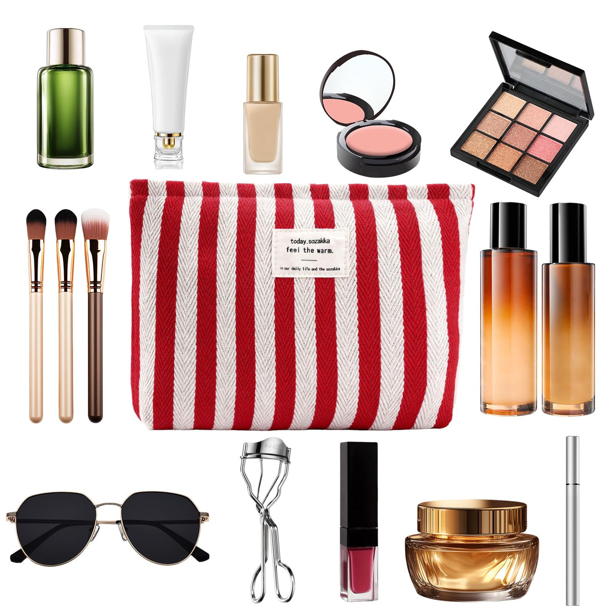 ZLFSRQ Striped Makeup Bag Large Canvas Travel Makeup Bag for Women Cosmetic Pouch Cute Red Striped Make Up Pouch for Purse Y2k Aesthetic Trendy Zippered Toiletry Bags Gift Skincare Storage Organizer